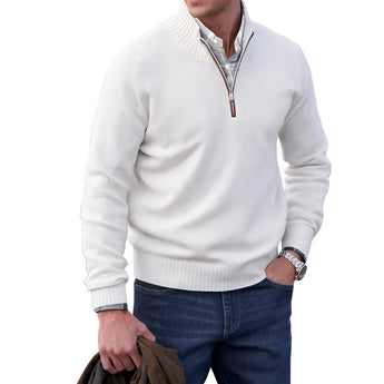 Men's white cashmere quarter-zip sweater in 4XL, featuring a soft and cozy texture, long sleeves with ribbed cuffs, and a high collar with a zipper, styled for casual winter fashion.