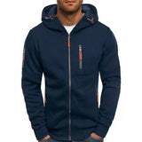 Men's white hoodie with an orange zip, featuring blue navy color, shown in a 3XL size with lightweight fabric and secure pockets, highlighting the sleeve, collar, and arm areas.