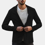 Men's black linen blazer with a lightweight and breathable design, featuring a dress shirt underneath. The image highlights details such as the sleeve, waist, and arm, suitable for summer wear in a 3XL size.