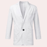 Men's white linen blazer featuring long sleeves, a classic collar, and front buttons, ideal for formal wear during summer with its lightweight and breathable fabric.