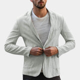 Men's gray linen blazer in size 3XL, featuring a lightweight and breathable design suitable for summer, displayed with visible hand placement, showcasing the sleeves, waist, and neck details.