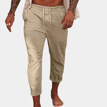 Men's khaki linen pants in size 3XL, featuring an elastic waist and lightweight, breathable fabric.