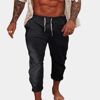 Men's black linen pants with elastic waist, lightweight and breathable, shown in 3XL size.