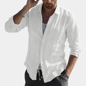 Men's white linen shirt with long sleeves, featuring a classic collar and breathable lightweight fabric suitable for casual and workwear settings, shown in a 3XL size.