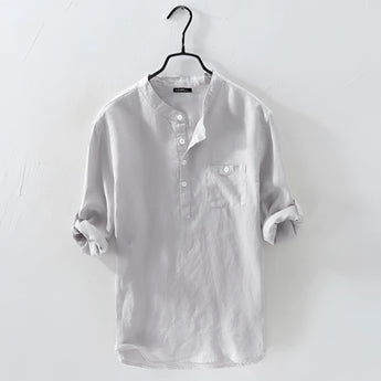 Men's gray linen shirt featuring a casual and breathable design with a collar and long sleeves, shown in a 4XL size.