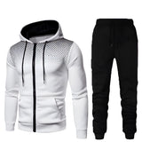 Men's white hoodie with black polka dots paired with black joggers, featuring an athletic casual style. The set includes a hoodie with long sleeves and a collar, suitable for XXL size.