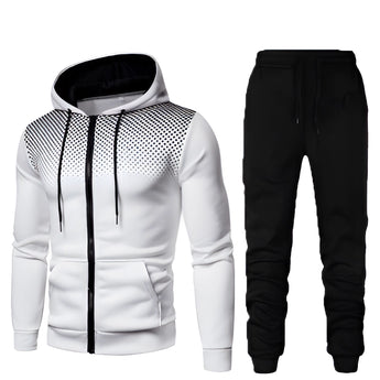 Men's white hoodie with black polka dots paired with black joggers, featuring an athletic casual style. The set includes a hoodie with long sleeves and a collar, suitable for XXL size.