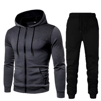 Men's gray hoodie with white polka dots and matching black joggers set, featuring long sleeves and a relaxed fit, suitable for athletic casual wear in size XXL.
