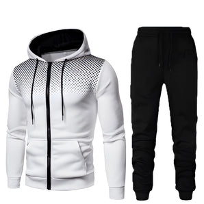 Men's white polka dot hoodie paired with black joggers set, featuring long sleeves and a hood, displayed on a plain background.