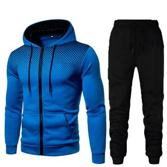 Men's athletic casual set in blue, featuring a white polka dot hoodie with a jersey-like texture and black joggers, shown in size XXL.