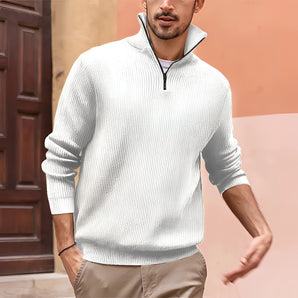 Men's white ribbed half-zip sweater in XL, featuring a casual lightweight design, displayed on a mannequin showcasing shoulder and neck details.