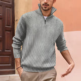 Men's white ribbed half-zip sweater in light gray, shown in an XL size, worn by a model with a beard, highlighting the casual lightweight knitwear design and fashion appeal.