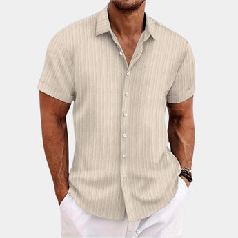 Men's white and beige striped short sleeve cotton dress shirt in XXL size, featuring a classic collar and button-up design, perfect for summer wear, with a visible wristwatch on the model's arm.