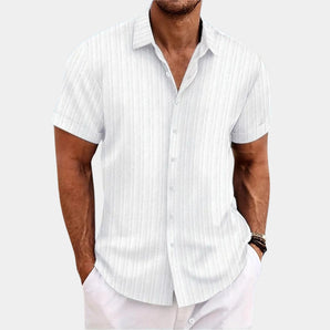Men's white striped short sleeve cotton dress shirt in XXL size displayed on a mannequin, showcasing the shoulder, neck, and sleeve details. Perfect for summer wear.