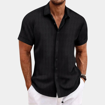 Men's white and grey striped short sleeve cotton dress shirt featuring a classic collar and button-up design, shown in black color, size XXL.