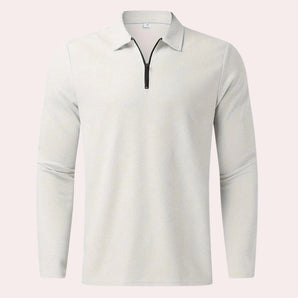 Men's white long sleeve polo shirt with a zipper collar, lightweight material suitable for casual wear.