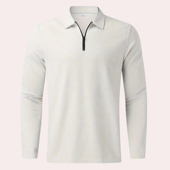 Men's white long sleeve polo shirt with a zipper collar, lightweight material suitable for casual wear.