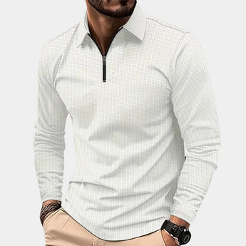Men's white long sleeve zipper polo shirt in 3XL size, designed as a lightweight casual top with a stylish and modern fit.