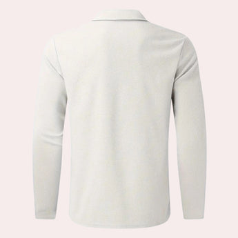 Men's white long sleeve polo shirt with a zipper collar, featuring a lightweight and casual design.