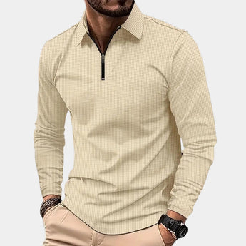 Men's khaki long sleeve lightweight zipper polo shirt, size 3XL, featuring a casual design suitable for layering or standalone wear.