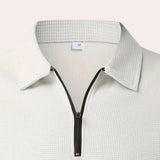 Men's white long sleeve polo shirt with zipper closure, featuring a collar and casual lightweight design suitable for various occasions.