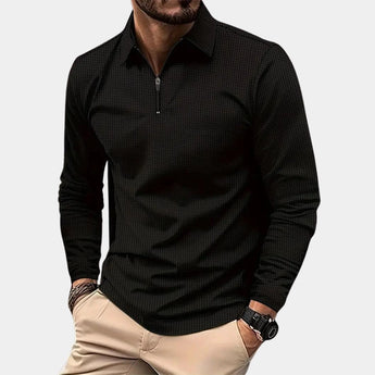 Men's black long sleeve polo shirt with zipper front, featuring a lightweight design and casual style, suitable for larger sizes like 3XL.