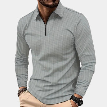 Men's lightweight casual long sleeve polo shirt in gray, size 3XL, featuring a zipper closure and a classic polo collar.