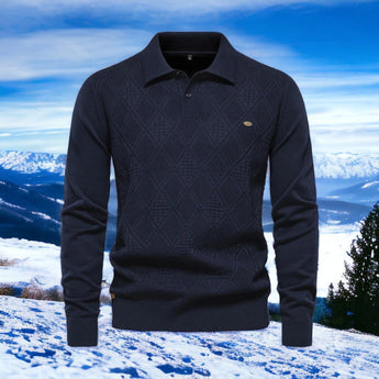 Men's winter polo sweater featuring a blue geometric pattern, long sleeves, and a knitted pullover design in size 2XL.