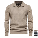 Men's Winter Polo Sweater in Champagne, Geometric Pattern, Long Sleeve Knitted Pullover - 2XL