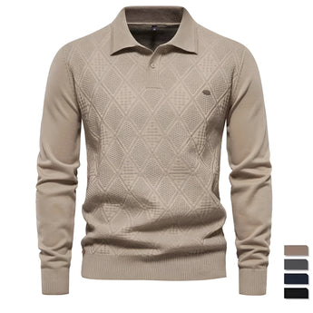 Men's Winter Polo Sweater in Champagne, Geometric Pattern, Long Sleeve Knitted Pullover - 2XL