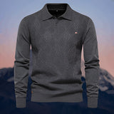 Men's grey winter polo sweater with geometric pattern, long sleeves, and a collar, size 2XL.
