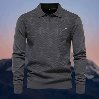 Men's grey winter polo sweater with geometric pattern, long sleeves, and a collar, size 2XL.