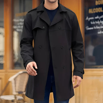 Men's double-breasted black wool blend overcoat, featuring a formal design with a classic frock coat style, suitable for standing and showcasing elegant fashion.