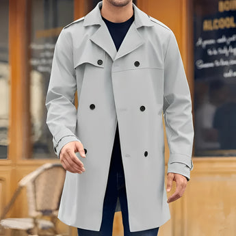 Men's double-breasted wool blend brown overcoat in wit color, size XXL, featuring a formal design with a dress shirt underneath, highlighting a classic collar and long sleeves, suitable for workwear or fashion-forward occasions.
