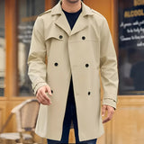Men's wool blend brown double-breasted overcoat in khaki, featuring a formal design with a classic collar and long sleeves, suitable for XXL size.