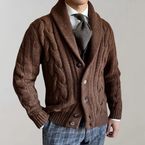 Men's brown wool blend shawl collar cardigan in size 2XL featuring a vintage textured knit design, displaying long sleeves and a prominent shawl collar.