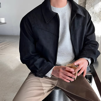 Black suede bomber jacket for men, featuring a lightweight design suitable for urban fall fashion, shown in a 4XL size.