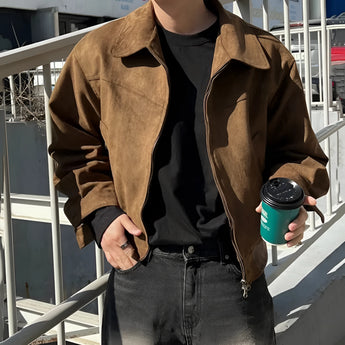 Mens black suede bomber jacket with a lightweight design, featuring a classic collar, long sleeves, and stylish urban fashion elements for fall.