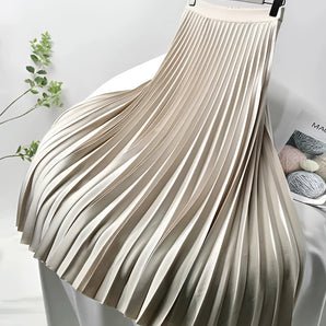 Beige metallic satin high-waist pleated midi skirt in size XL displayed on a neutral background.