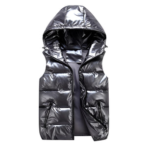 Metallic silver hooded puffer vest, reflective insulated winter wear, featuring a quilted pattern, sleeveless design, and high collar.