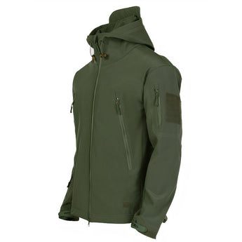 Military-grade green tactical jacket in size 4XL, featuring a durable zipper and multiple pocket storage. The jacket has long sleeves and a structured collar, designed for outdoor use and functionality.