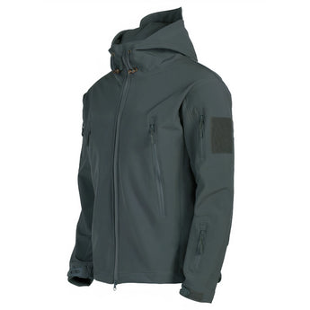 Gray military-grade tactical jacket featuring a durable zipper, pocket storage, and a collared design with long sleeves, available in size 4XL.