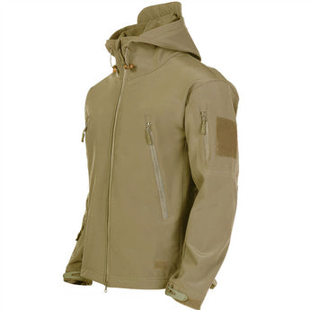 Military-grade tactical jacket in khaki color, featuring a durable zipper, multiple pocket storage, and a classic collar with long sleeves, available in size 4XL.