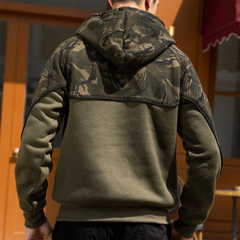 Men's military green tactical camo hoodie featuring a zip pocket, characterized by long sleeves and a high collar, suitable for streetwear fashion.