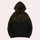 Men's tactical camo hoodie in military green with zip pocket, featuring long sleeves and a hood, displayed in black color and size XL.
