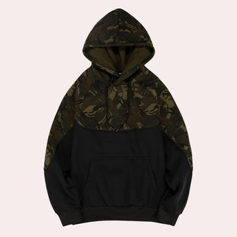 Men's tactical camo hoodie in military green with zip pocket, featuring long sleeves and a hood, displayed in black color and size XL.