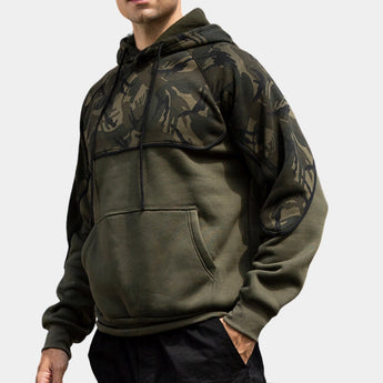 Military green tactical camo hoodie featuring a zip pocket, long sleeves, and a collared design, suitable for men's streetwear fashion.