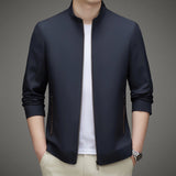 Minimalist dark blue men's bomber jacket in a haze blue color, size 3XL, featuring a lightweight design suitable for urban fashion, with a prominent collar and long sleeves.
