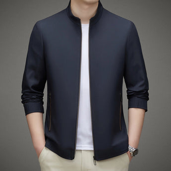 Minimalist dark blue men's bomber jacket in a haze blue color, size 3XL, featuring a lightweight design suitable for urban fashion, with a prominent collar and long sleeves.