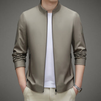 Minimalist dark blue men's bomber jacket in a lightweight design, featuring a khaki color in size 3XL, with a focus on the shoulder, collar, and sleeve details.